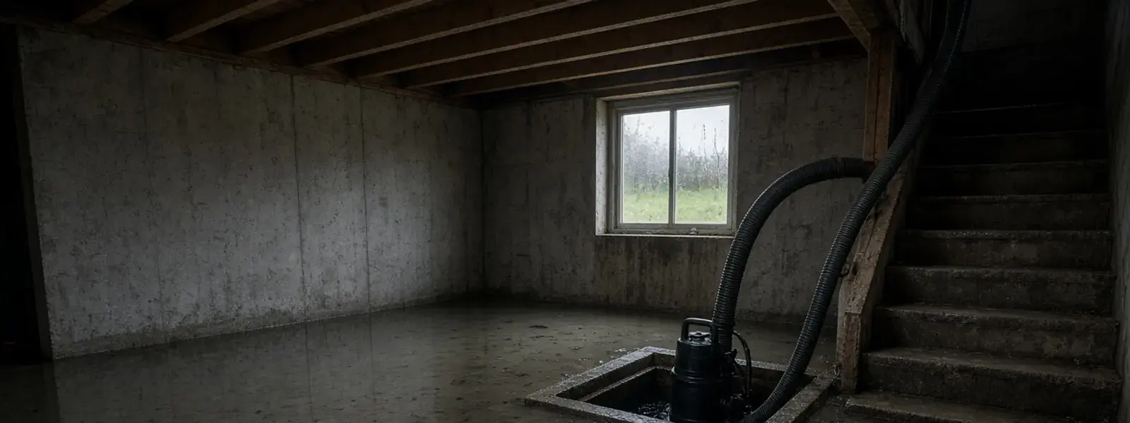 Standing water around a sump pit in a Delta basement