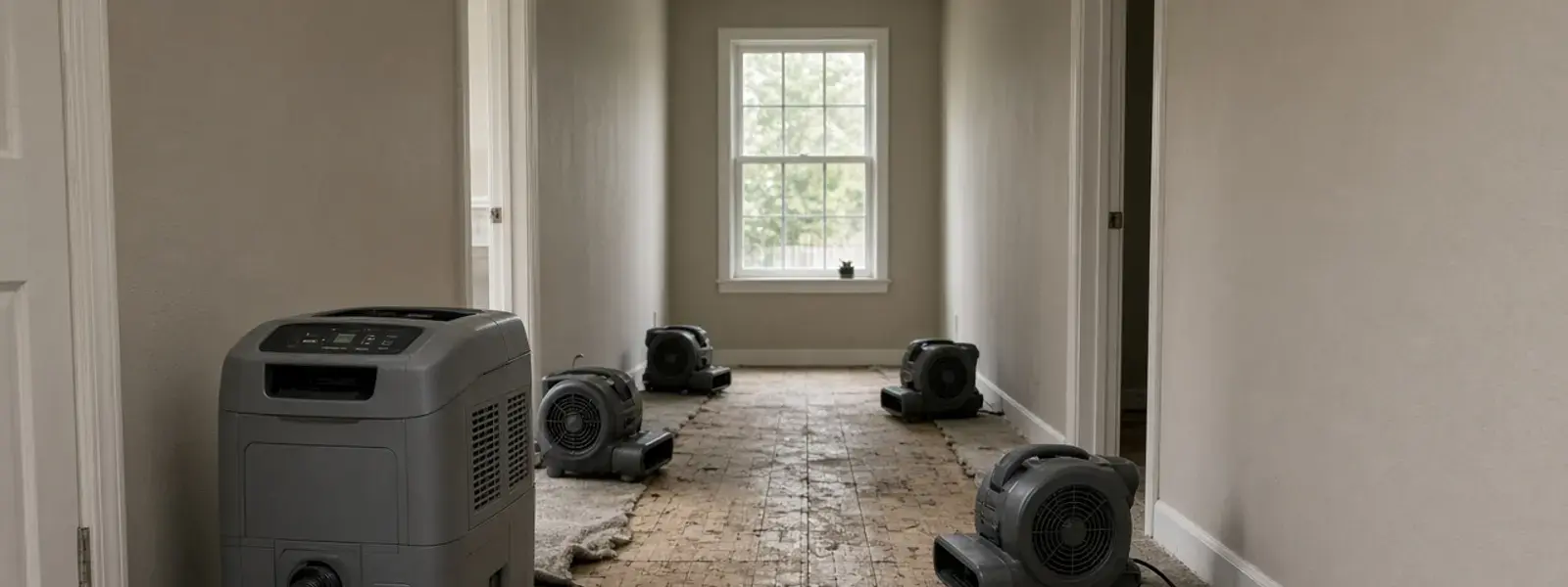 Dehumidifier and air movers drying a Delta hallway