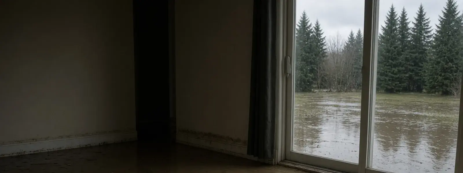 Murky floodwater across a main floor in Delta