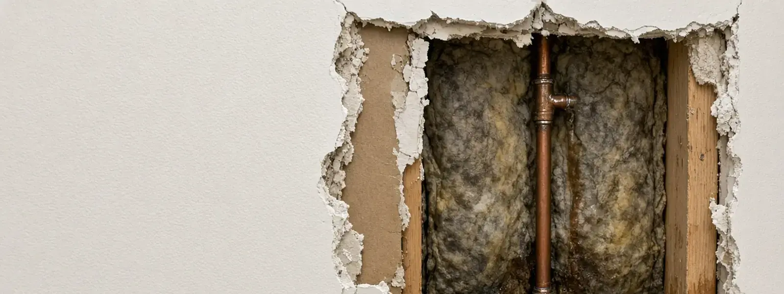 Opened wall showing a leaking copper supply line in Delta
